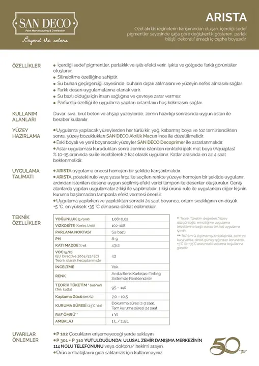Sandeco Arista teknik föyü