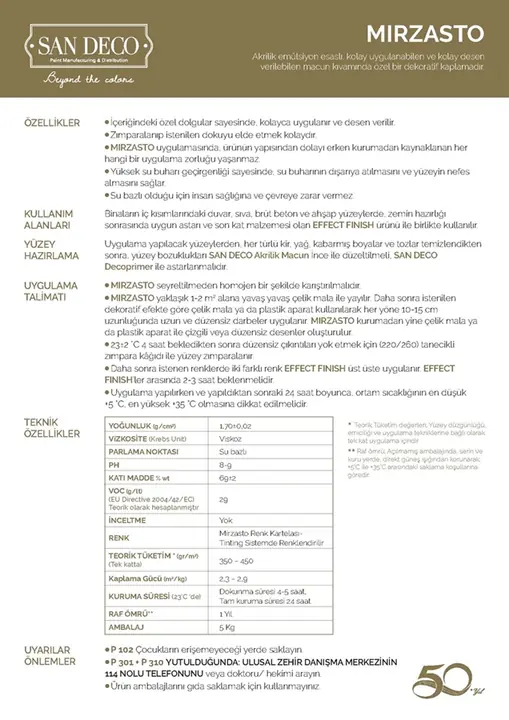 Sandeco Mirzasto teknik föyü